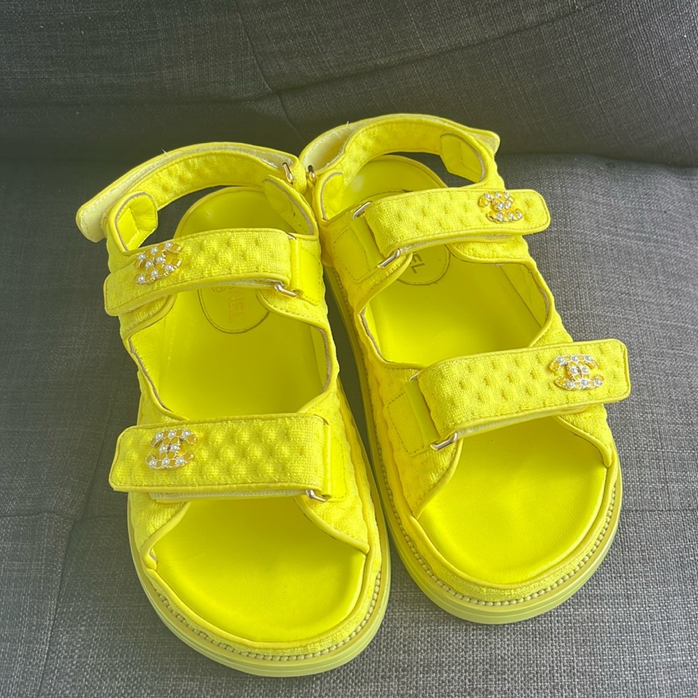 CHANEL Dad Sandals Cloth Tweed Sandals In Yellow Size 40